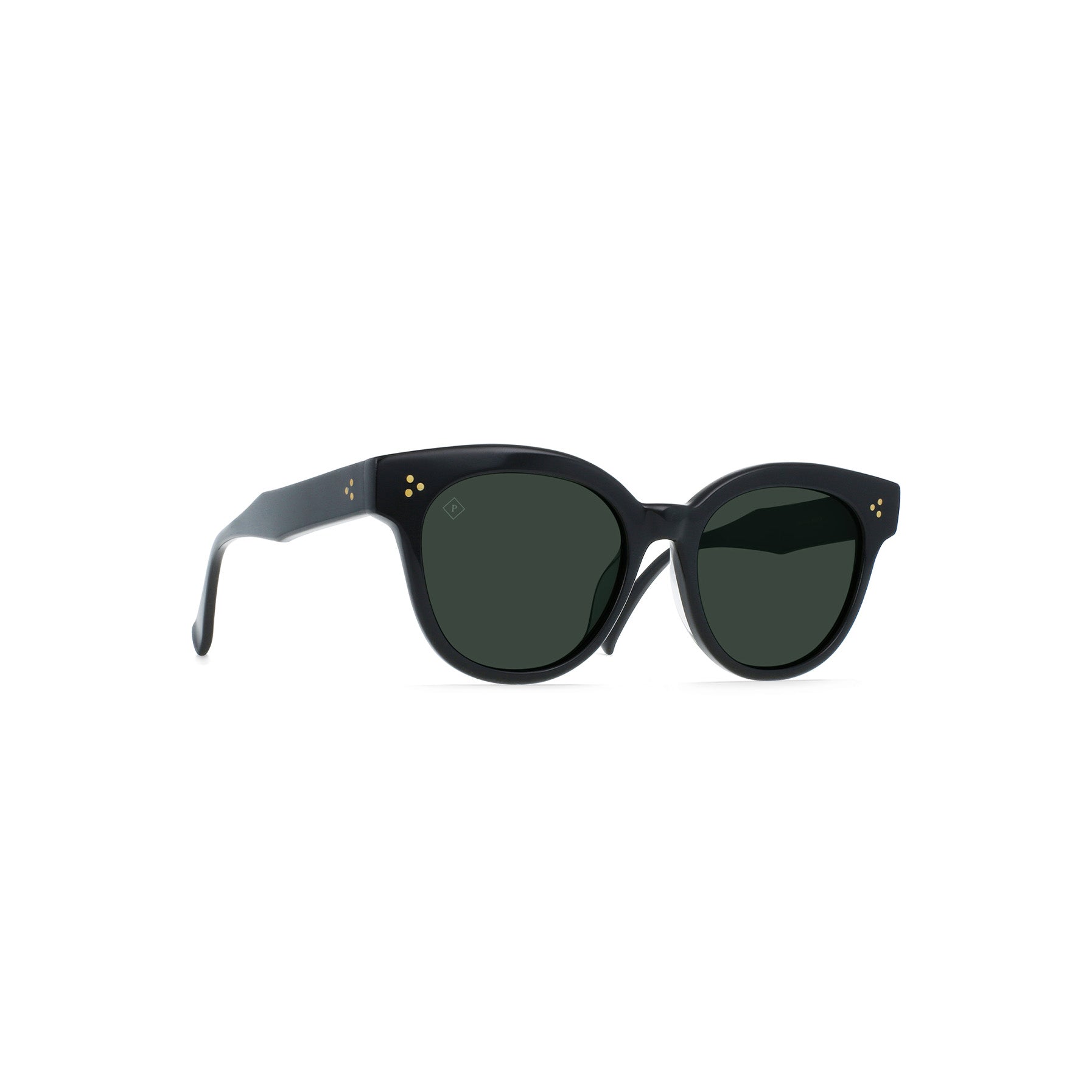 Nikol black round sunglasses by Raen Optics, featuring green polarized lenses and gold-tone accents, made from recycled materials and displayed against a white background.