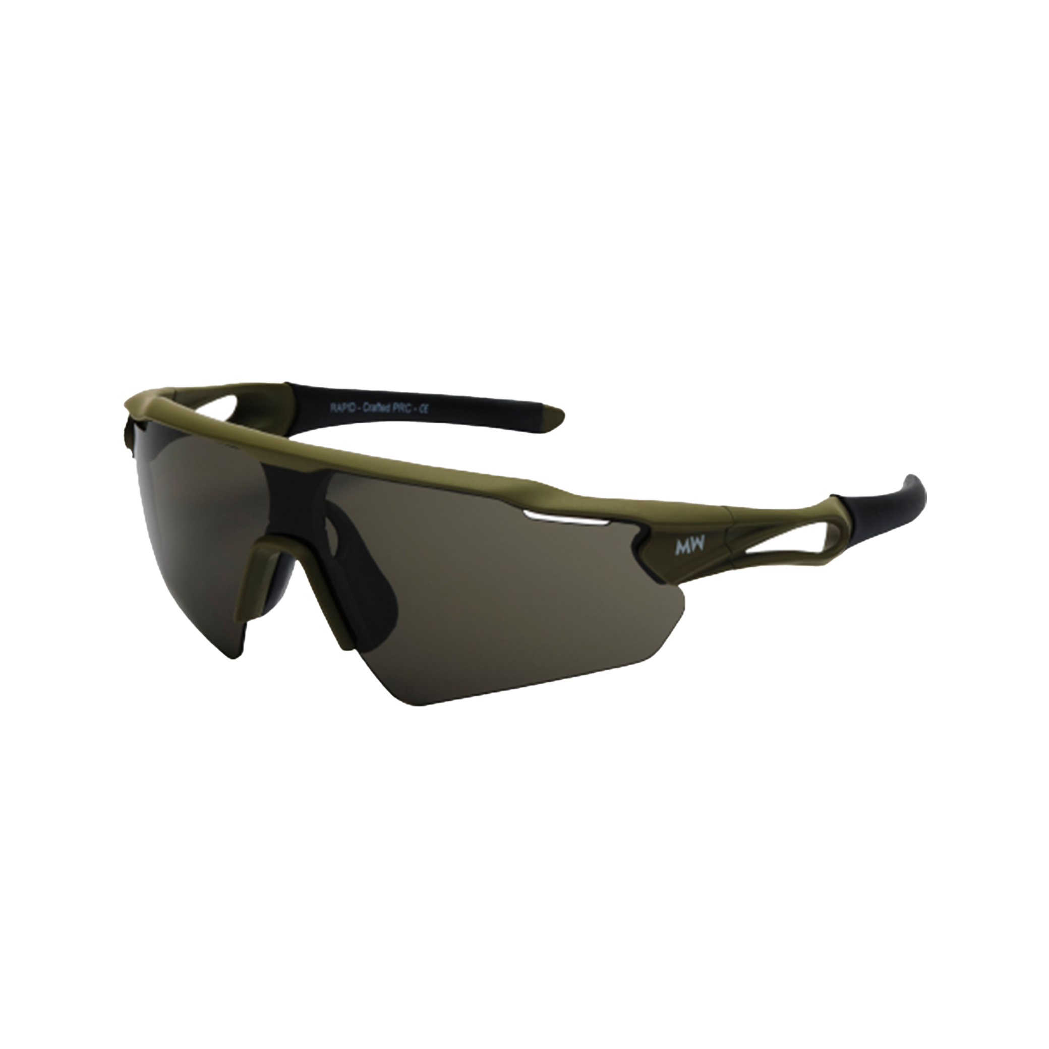 Messyweekend's Rapid sunglasses feature an olive green, lightweight frame with dark lenses, black accents on the arms and nose bridge for a sleek unisex look, and offer UV protection.