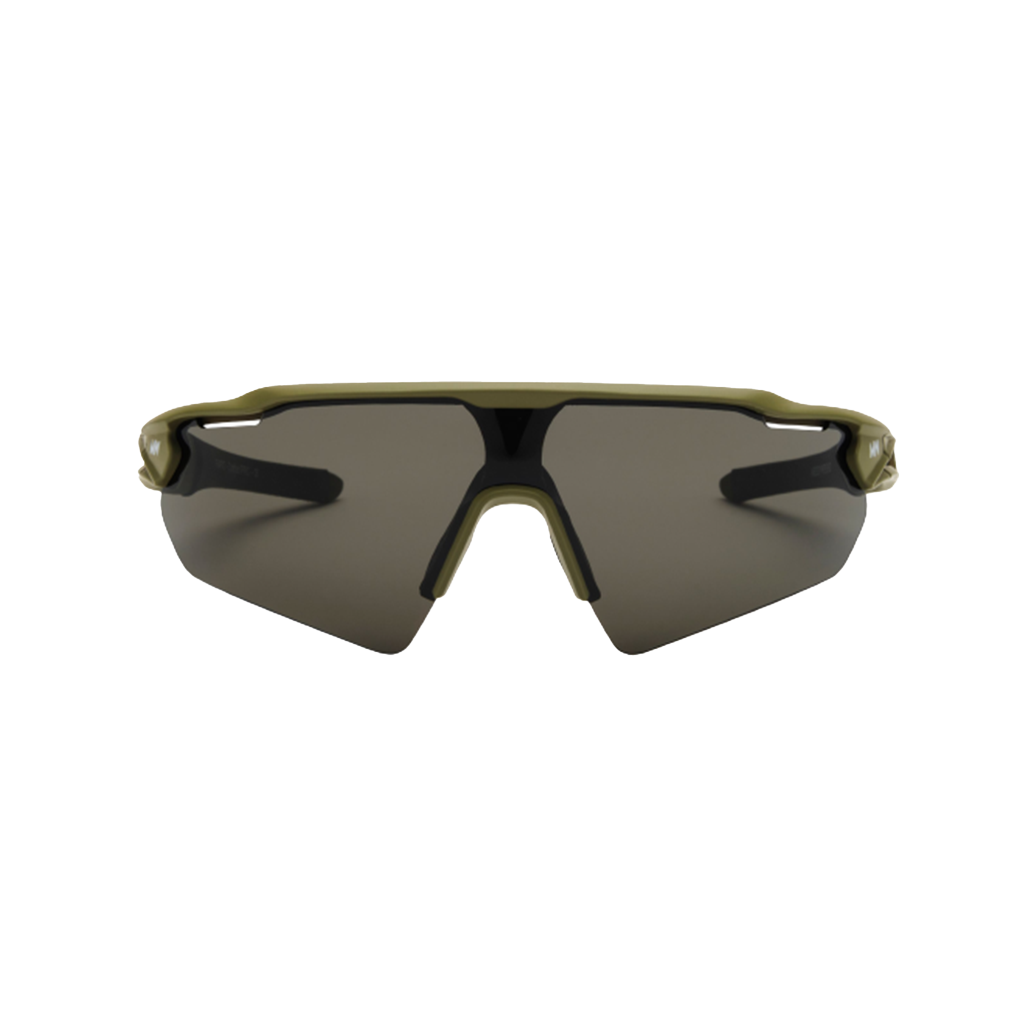 The "Rapid, Army/Grey" sunglasses by Messyweekend are sporty and unisex with dark rectangular lenses and a green, lightweight frame offering superior UV protection when viewed from the front.