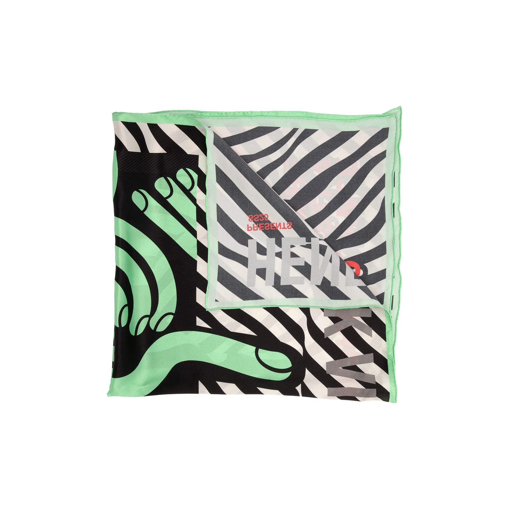 The Orchestra Silk Scarf by Henrik Vibskov features abstract black and white stripes, green curved shapes, a mint green border, and a partial logo print revealed when wrapped stylishly.