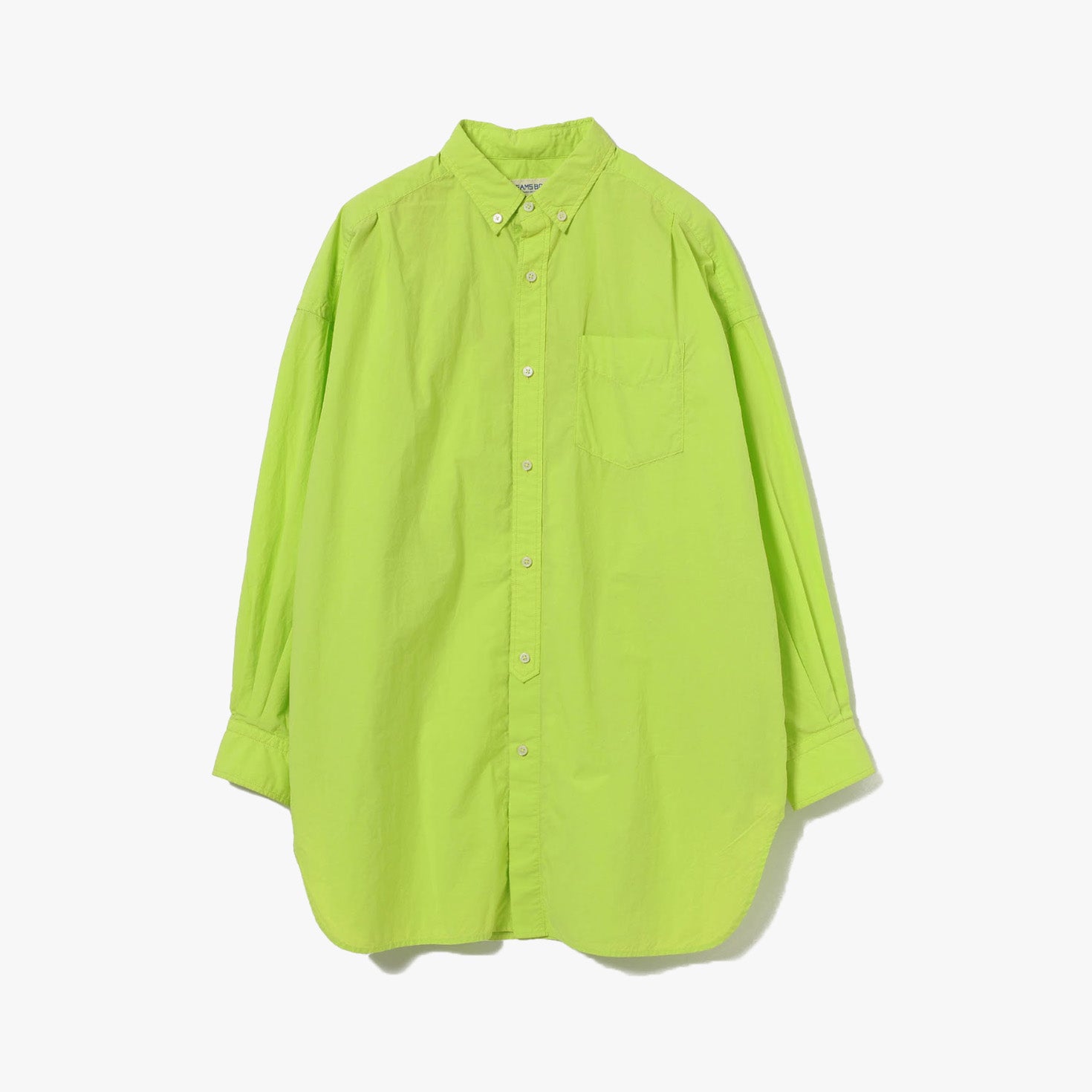 The Beams Boy G.C/Type Big BD Shirt is a long-sleeve lime green button-up with a chest pocket, shown on a plain white background.
