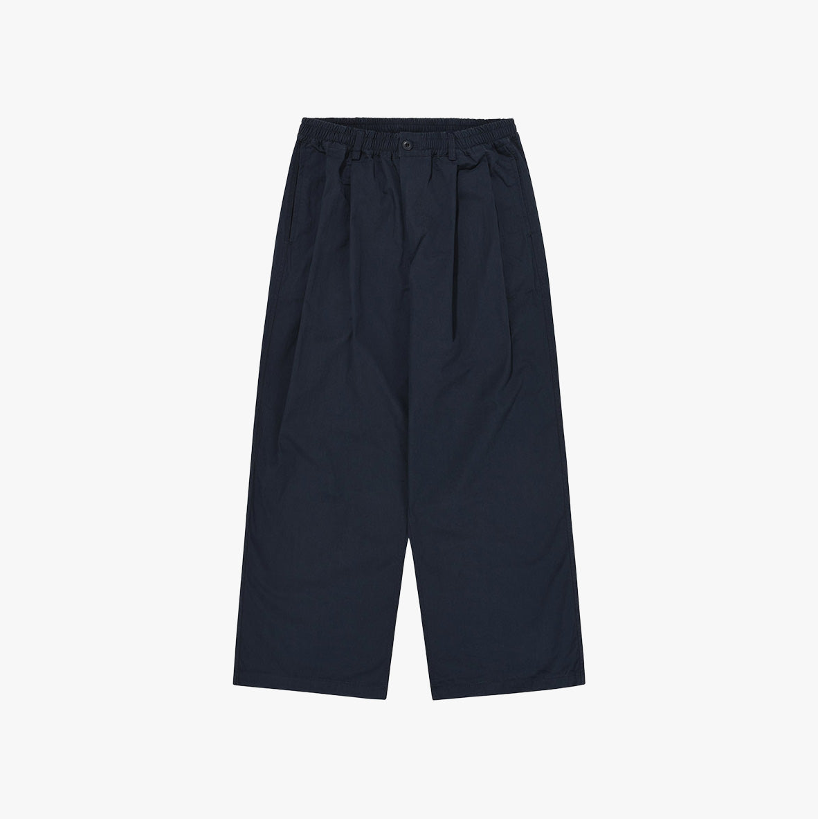 The Kappy Two Tuck Wide CN Pants feature a dark navy hue, elastic waistband, and side pockets. Designed in a one-size-fits-most style for easy comfort, they are displayed flat on a white background.