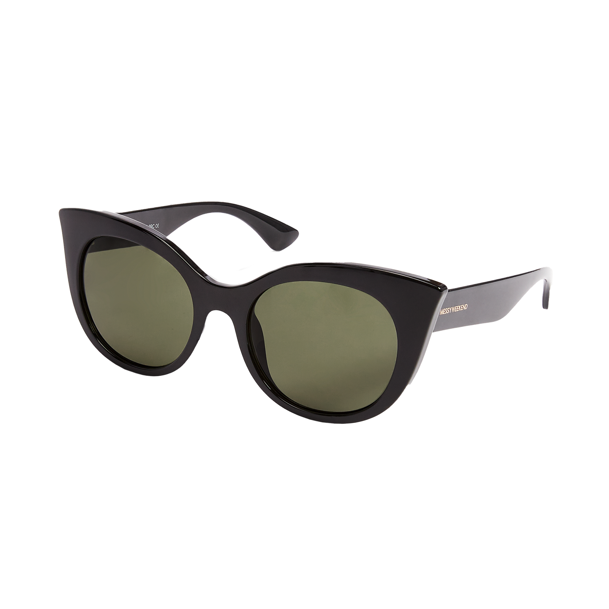 Thelma by Messyweekend: Black cat-eye sunglasses with dark green tinted lenses, UV400 protection, and slightly curved arms. Displayed on a white background.