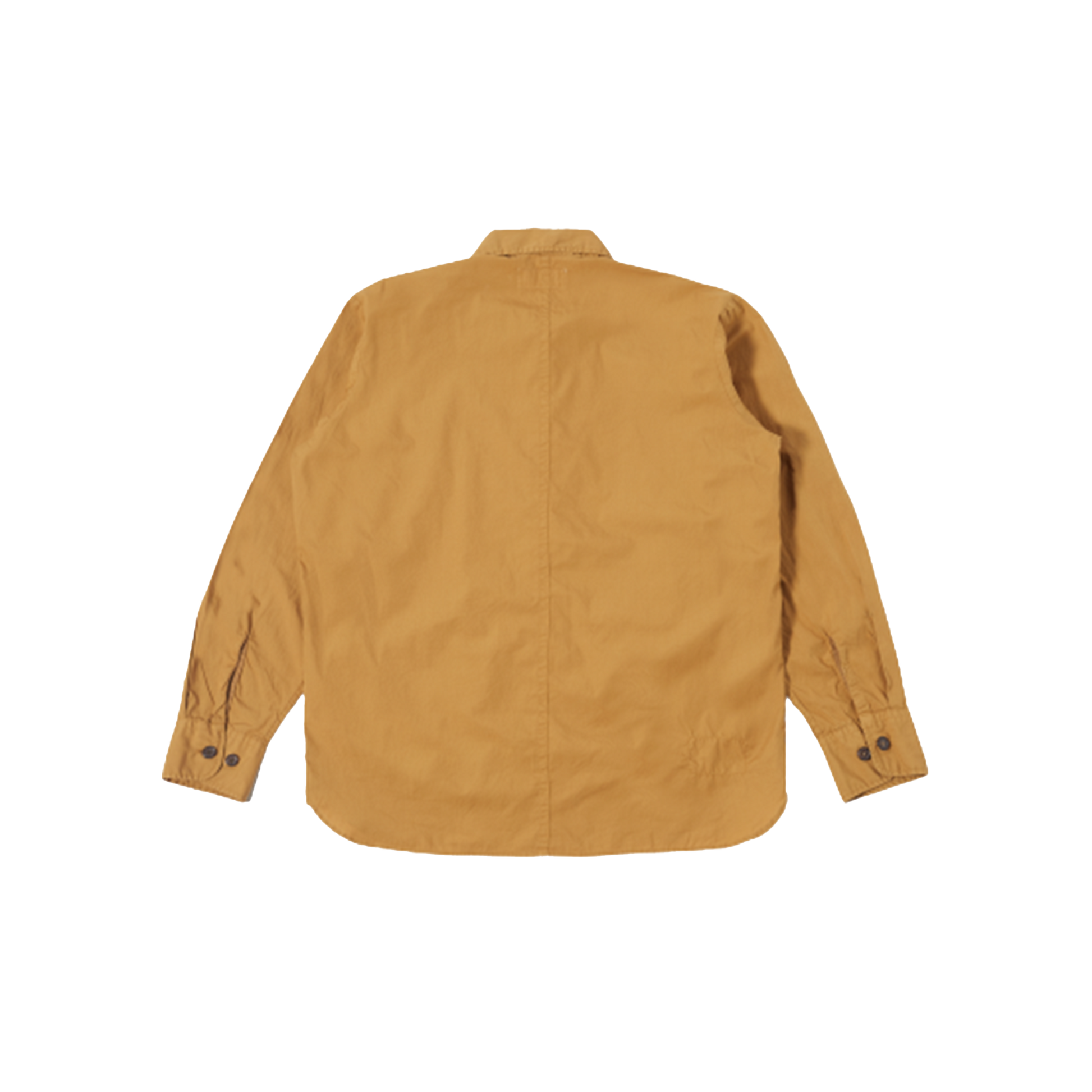 Cumin Travail Shirt by Universal Works, featuring buttoned cuffs and a curved hem, displayed laid flat in an oversized fit from the back view.