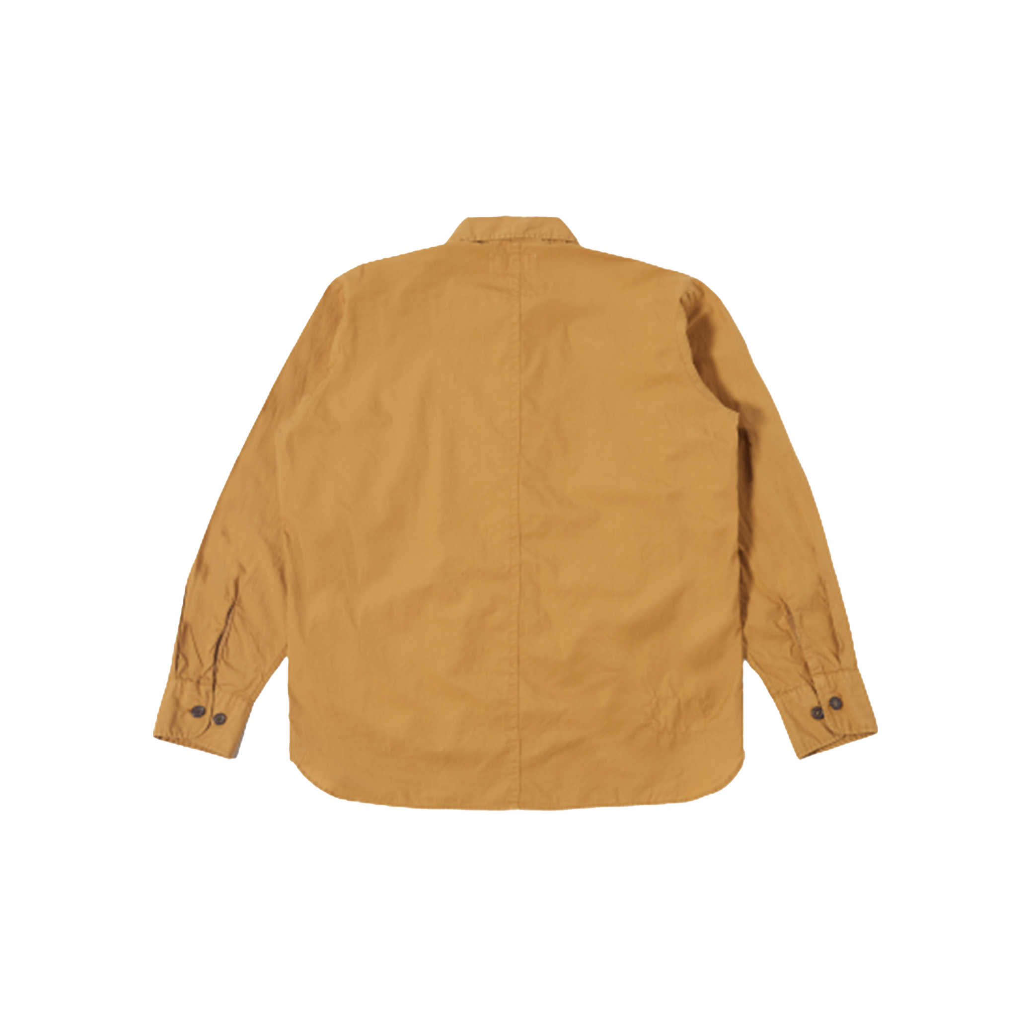 Cumin Travail Shirt by Universal Works, featuring buttoned cuffs and a curved hem, displayed laid flat in an oversized fit from the back view.