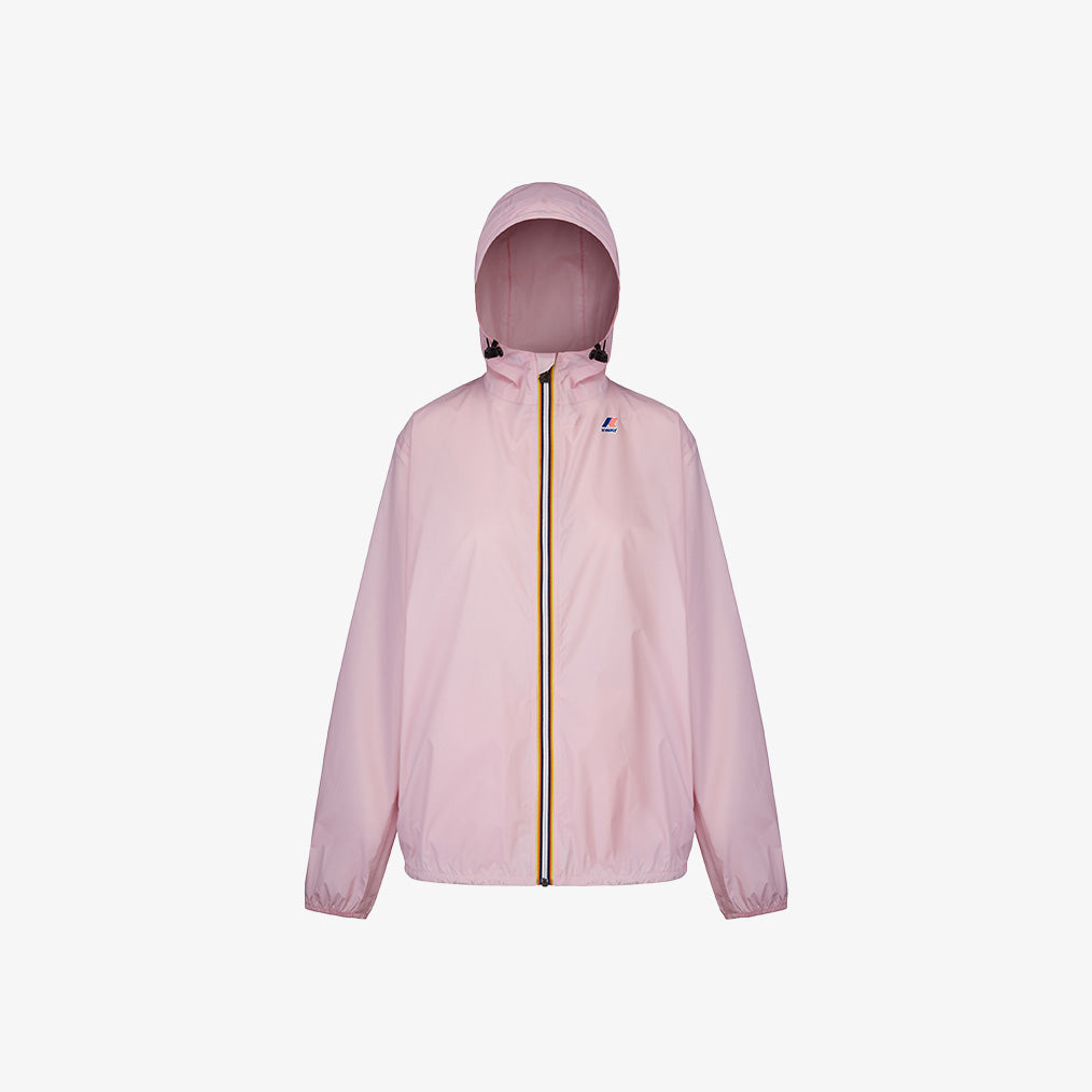 The K-Way Le Vrai 3.0 Claude jacket in pink is a packable design with a hood, front zipper, and elastic cuffs, shown against a plain white background.