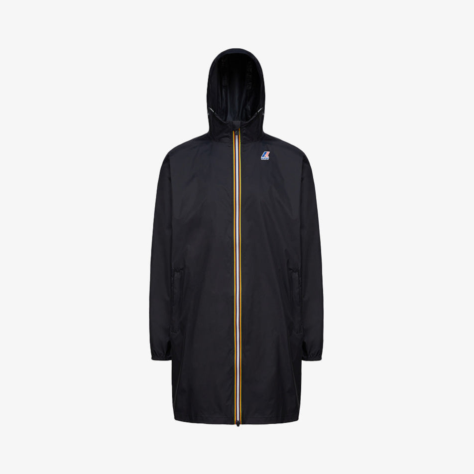 The K-Way Le Vrai 3.0 Eiffel raincoat in Black Pure features a yellow-striped zipper, long sleeves, a small chest logo, and durable ripstop fabric, shown against a plain white background.