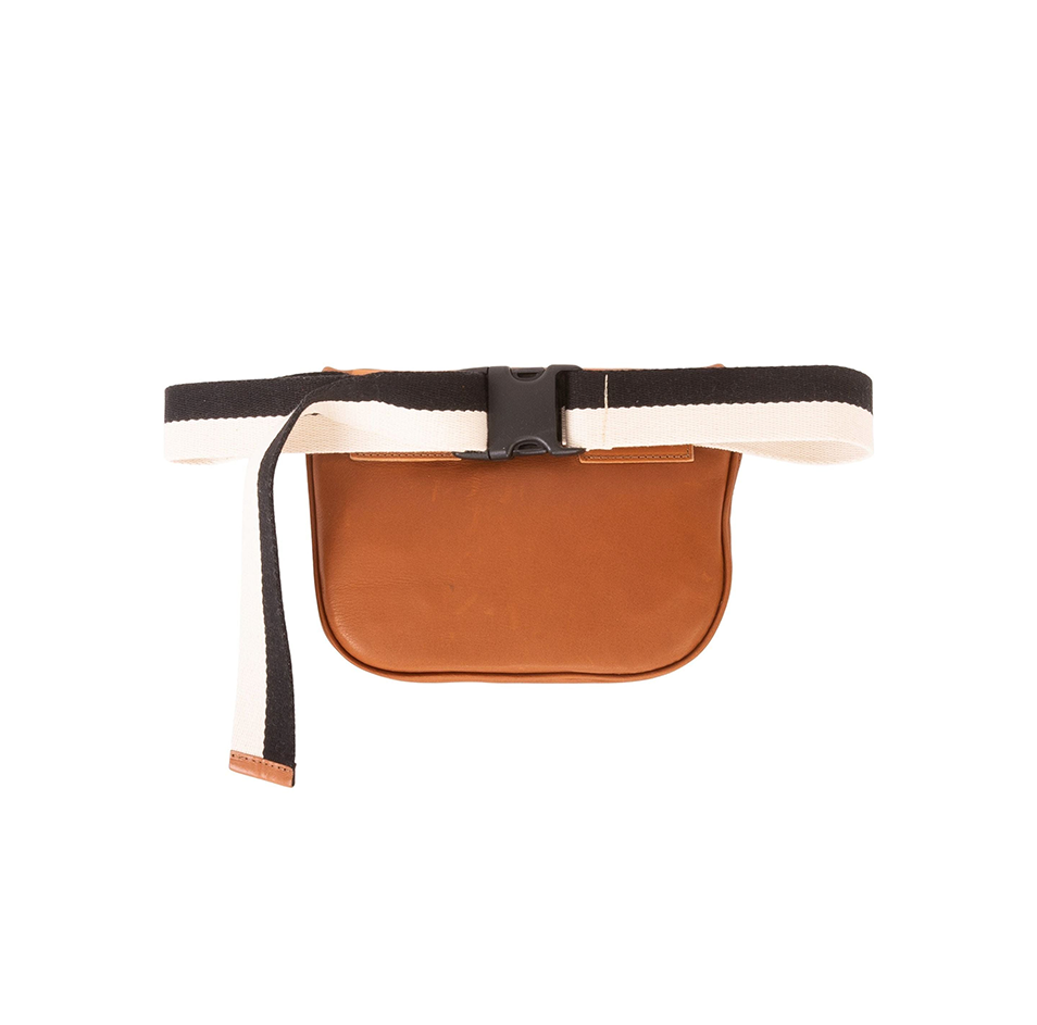 The Clare V x Westerlind Collaboration Fanny Pack with Water Bottle Bag by Clare V features a brown leather pouch, a white and black adjustable strap, and a black plastic buckle, perfect for staying organized. Displayed against a white background.