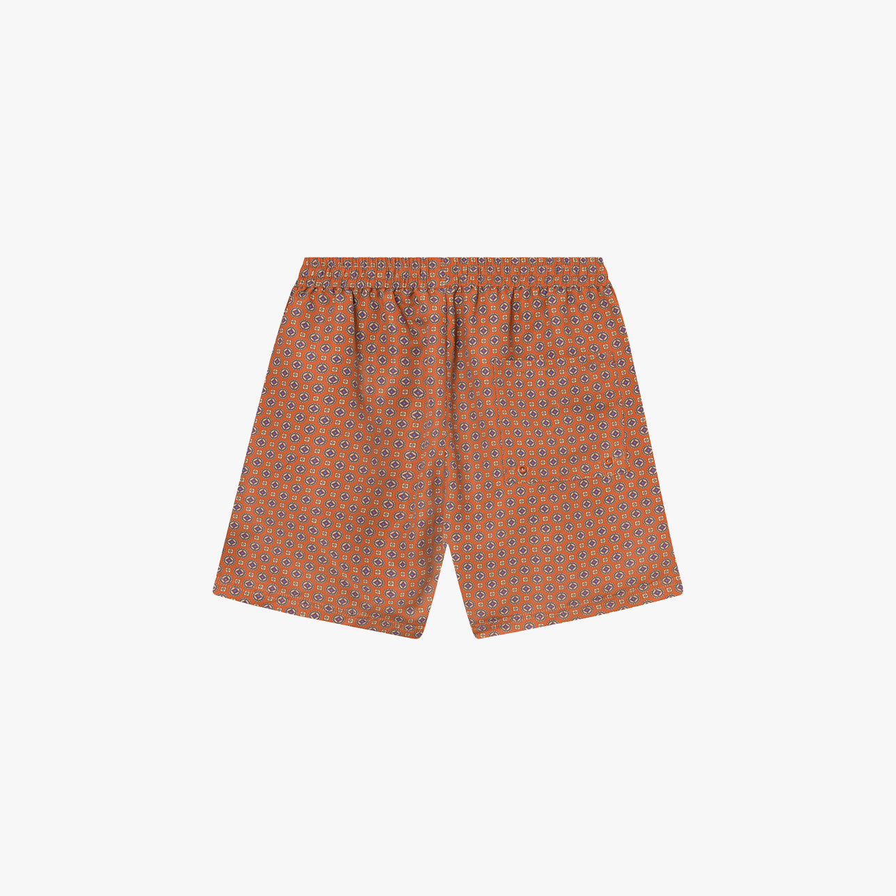 Les Deux Stan AOP Swim Shorts 2.0 in Terracotta/Pineapple showcase small geometric prints, made from recycled polyester with an elastic waistband and relaxed fit, displayed on a plain white background.