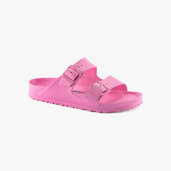 A single Birkenstock Arizona EVA Narrow sandal in Candy Pink, featuring two adjustable straps and a textured sole, is shown against a plain white background.