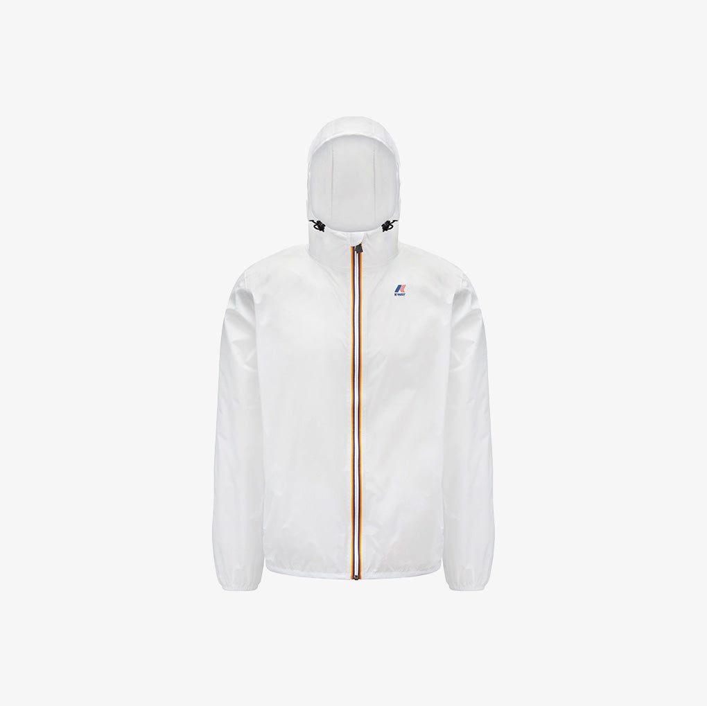 The K-Way Le Vrai 3.0 Claude in white is a hooded windproof ripstop jacket with a front zipper detailed in red, yellow, and navy stripes, shown against a plain light background.