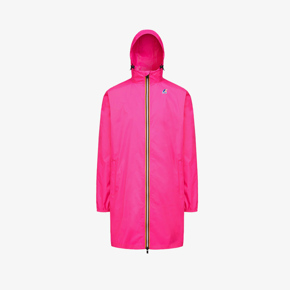 The K-Way Le Vrai 3.0 Eiffel in Pink Intense Fluro is a bright pink waterproof raincoat with a front zipper, elastic cuffs, and ripstop fabric, shown on a plain white background.