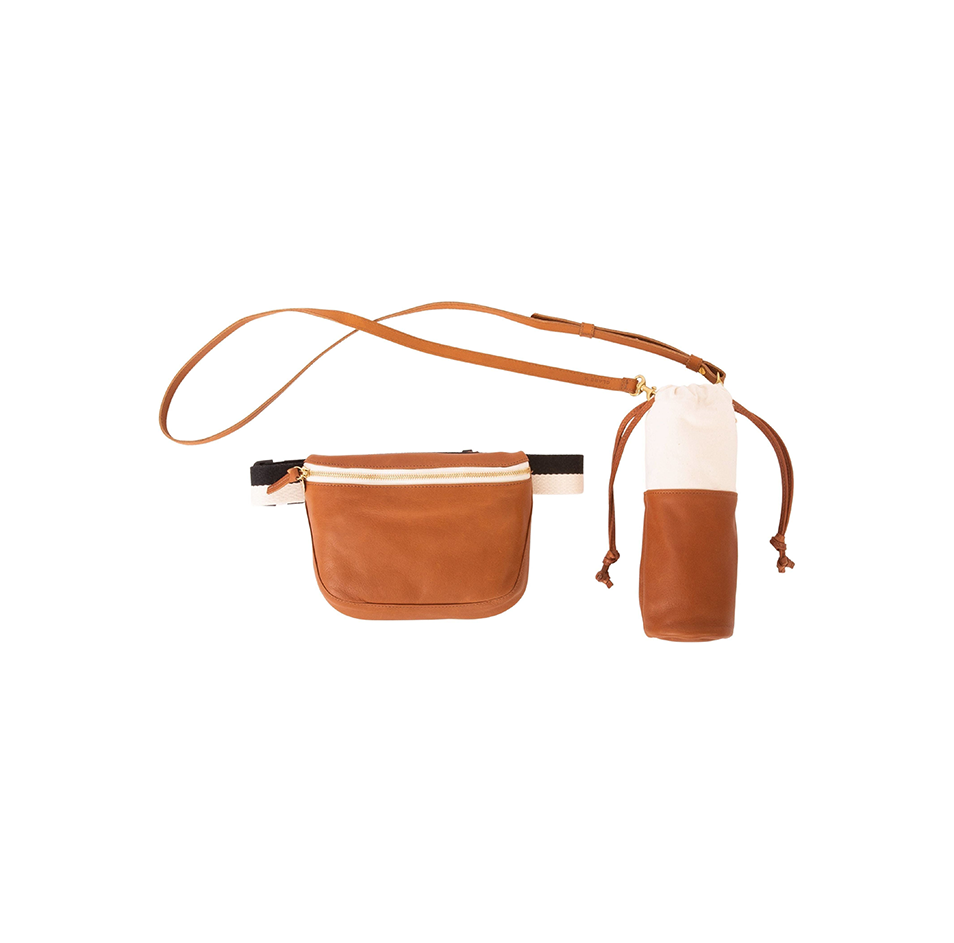 The Clare V x Westerlind Collaboration Fanny Pack with Water Bottle Bag features brown leather, white zipper and strap, plus a matching cylindrical water bottle pouch—your ideal hands-free Clare V bag for daily essentials.