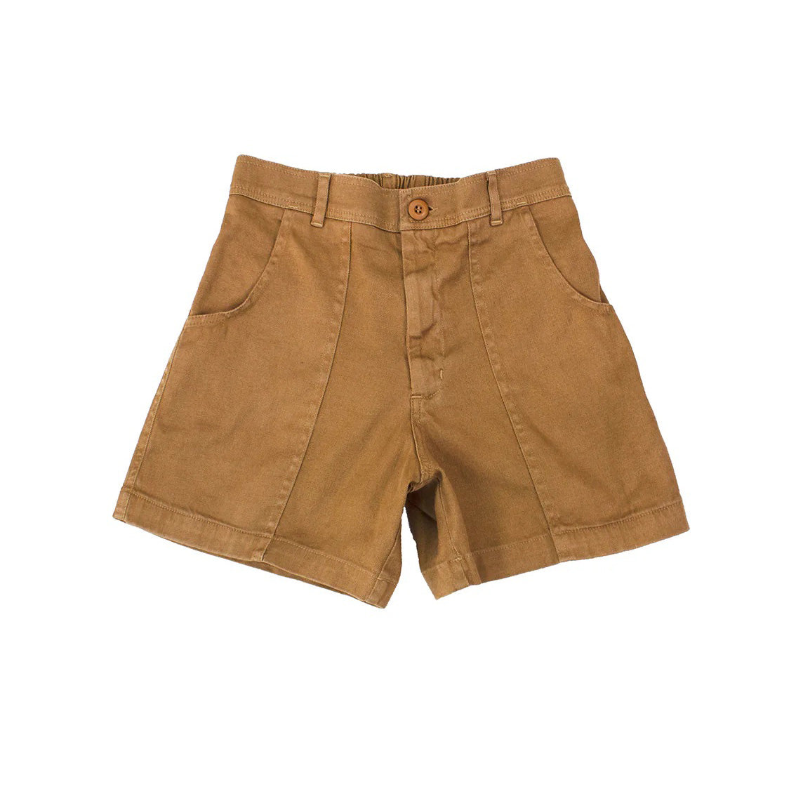 The Jungmaven Venice Shorts in Coyote are brown, high-waisted, sustainable shorts made from a hemp-cotton blend with front pockets, belt loops, and a button closure.