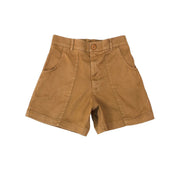 The Jungmaven Venice Shorts in Coyote are brown, high-waisted, sustainable shorts made from a hemp-cotton blend with front pockets, belt loops, and a button closure.
