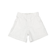 The Jungmaven Venice Shorts in Washed White feature front pleats, side pockets, and a button closure—sustainably made from hemp cotton for effortless style on warm days. Displayed on a plain white background.