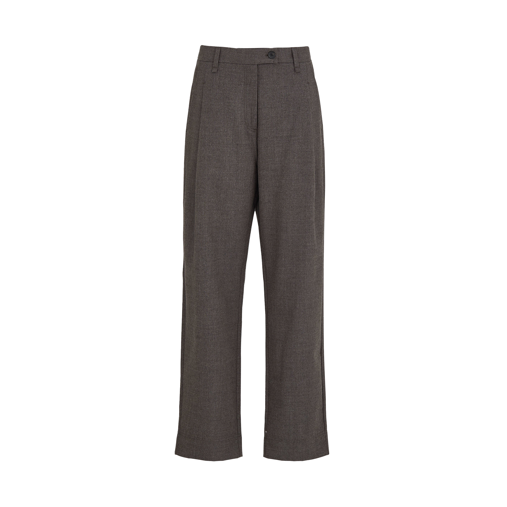 The Balder Fine Wool Pant by Aiayu is a pair of gray trousers crafted from luxurious wool, featuring a button and zip closure at the waist.
