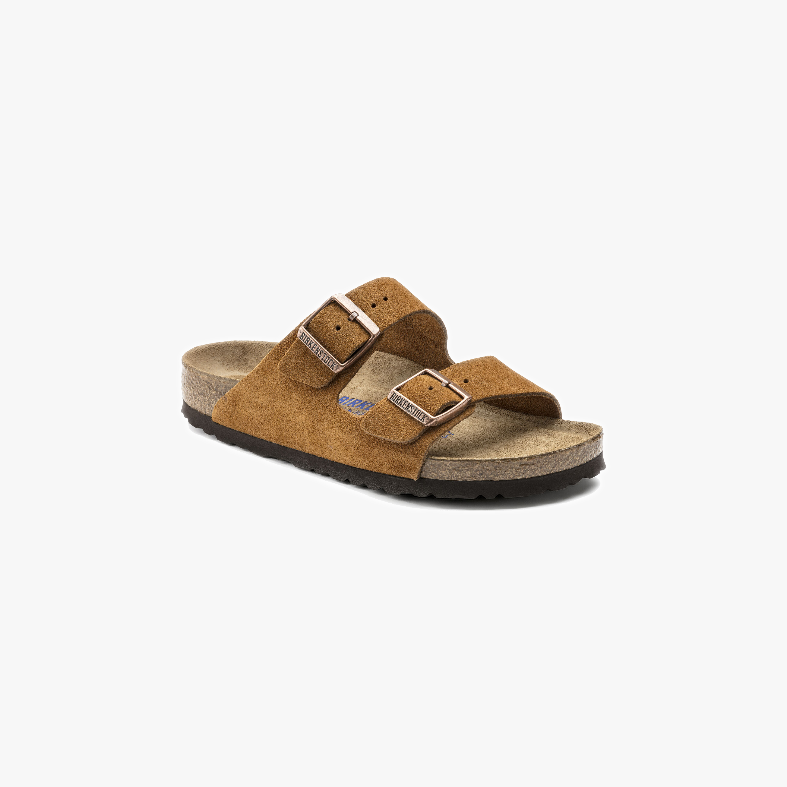 The Birkenstock Arizona Suede sandal in mink features two adjustable buckle straps, a soft footbed, and a cork midsole on a black sole, displayed against a plain white background.
