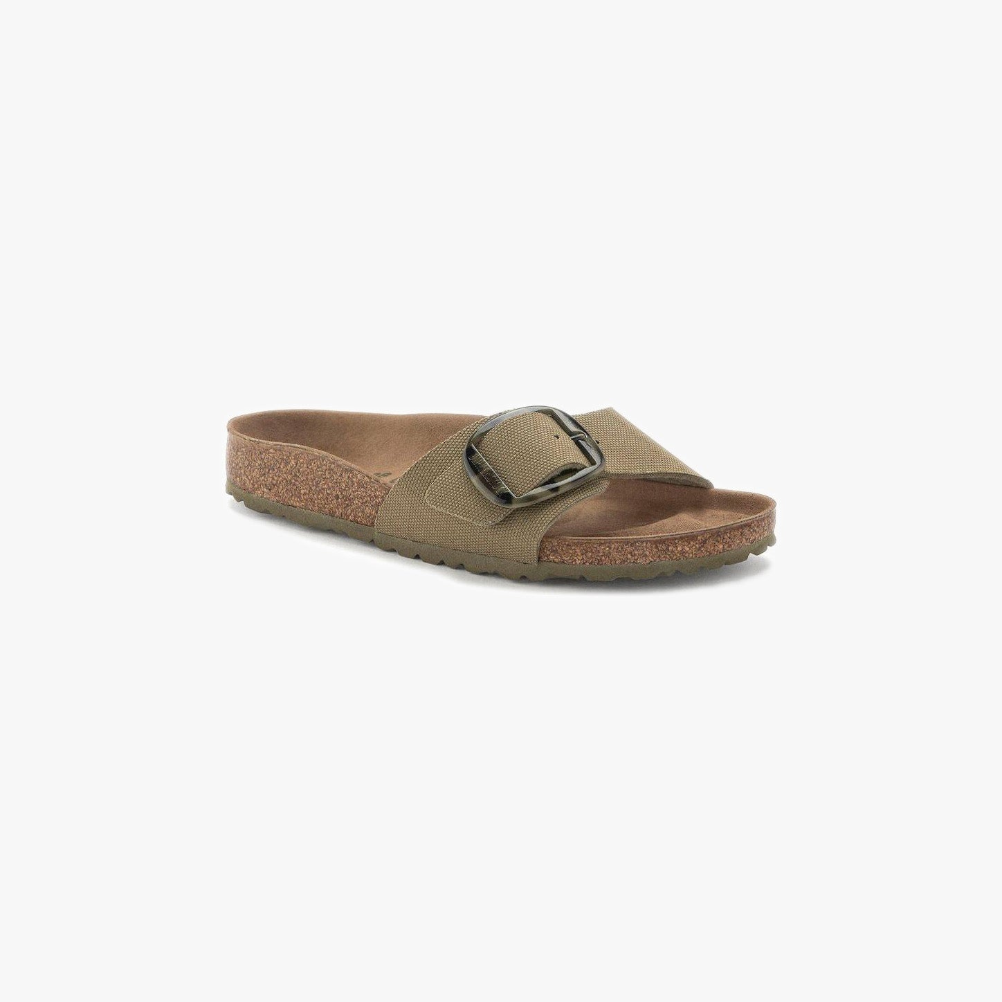 The Birkenstock Madrid Big Buckle Vegan sandal in Faded Khaki features an adjustable strap with a prominent metal buckle and a supportive cork-latex footbed, shown as a single slide on a white background.