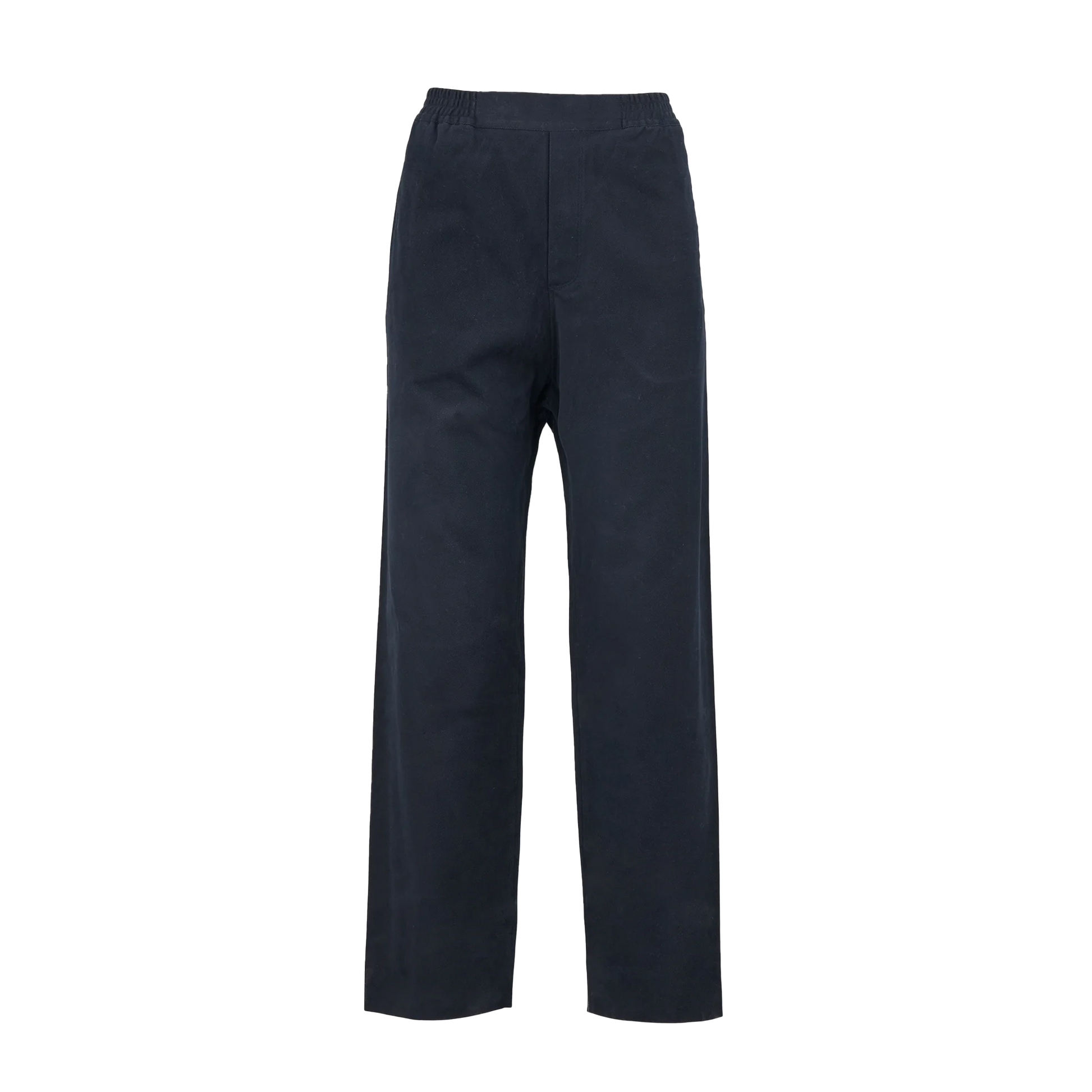The Coco Pant Tailored Velvet by Aiayu, crafted from organic cotton in a dark blue hue, features an elastic waistband and is displayed against a plain background.