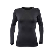 Devold's W Breeze Shirt is a long-sleeve, fitted women's shirt in black, shown on a white background.