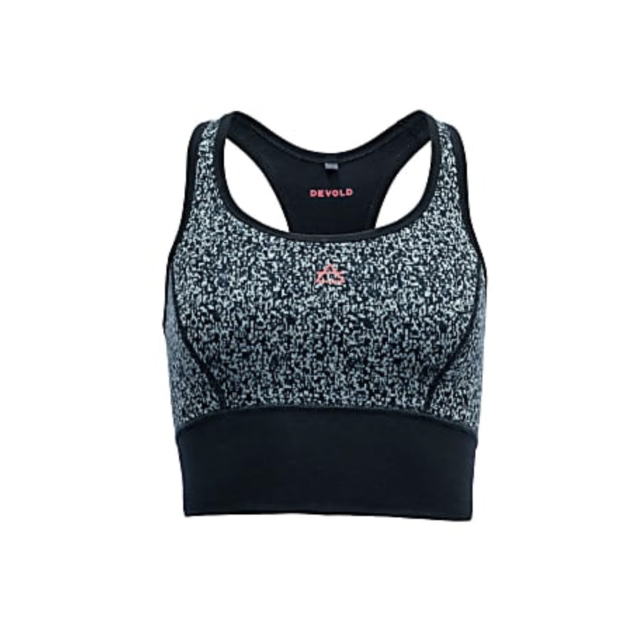 The Devold W Kvitegga Top, Ink is a black and gray speckled sports bra with a racerback design and the Devold brand name printed inside.