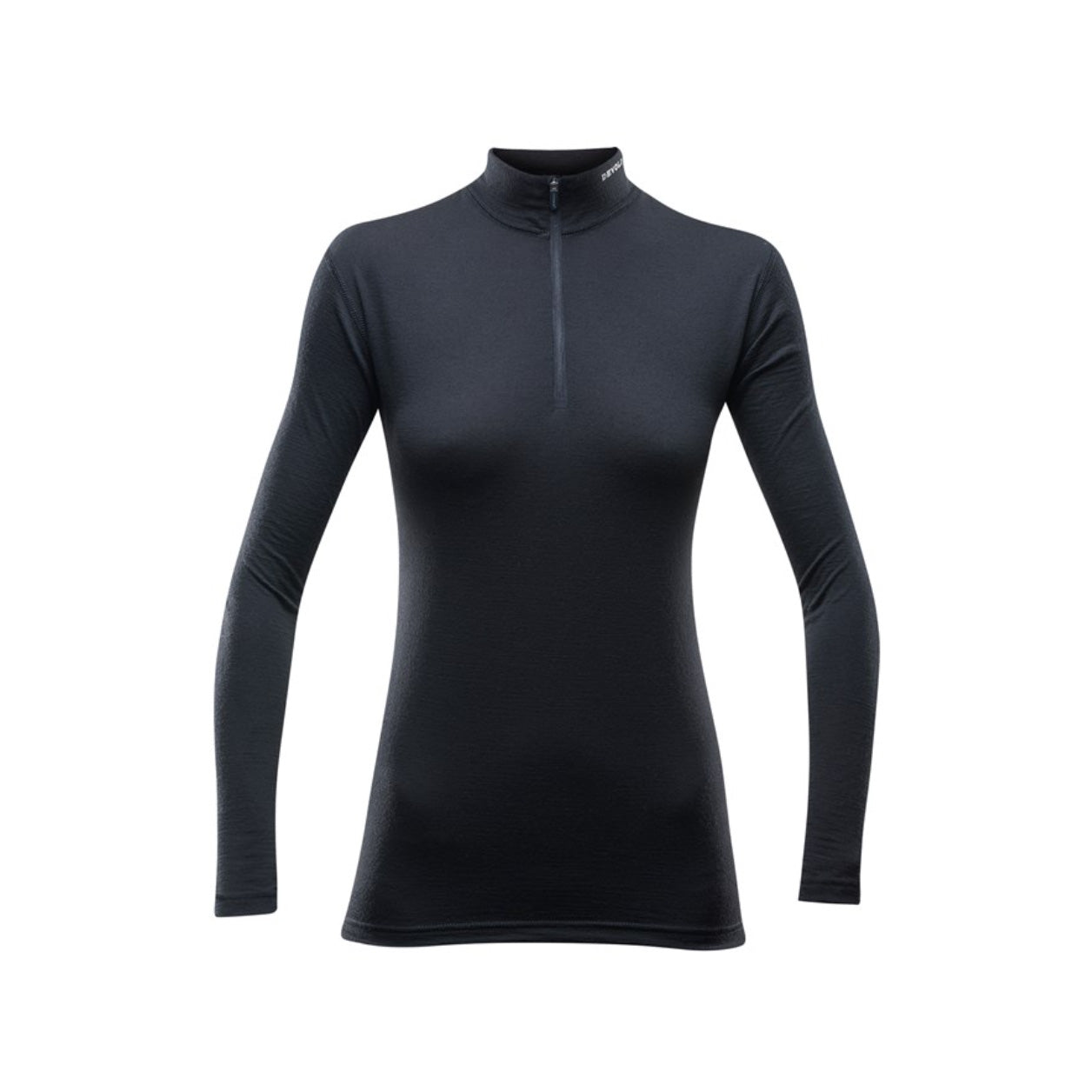 The Devold W Breeze Half Zip is a black, long-sleeve women's fitted top with a high collar and front half-zip, shown on a plain white background.
