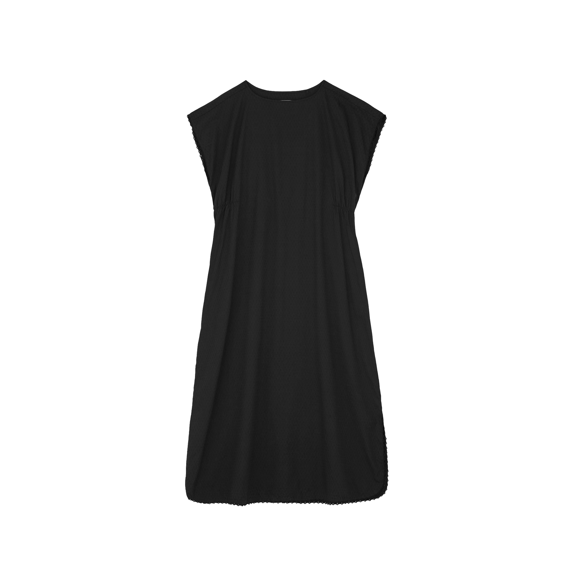 The Diamond Dress by Aiayu is a sleeveless black maxi with a round neckline and loose fit, made from GOTS-certified regenerative cotton, shown against a plain background.