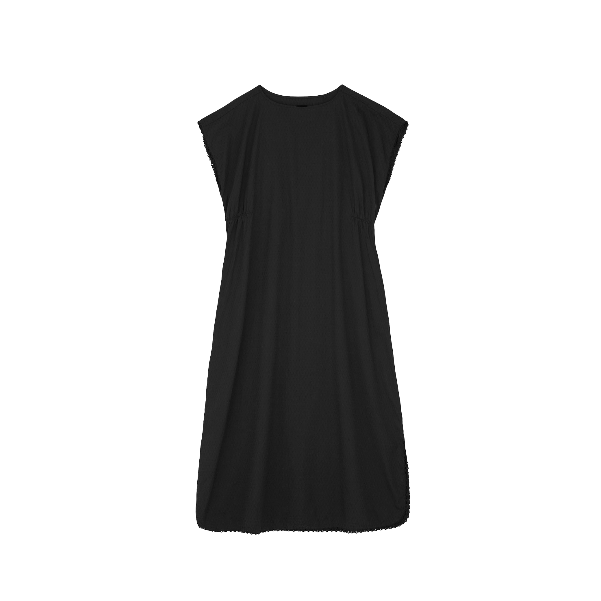 The Diamond Dress by Aiayu is a sleeveless black maxi with a round neckline and loose fit, made from GOTS-certified regenerative cotton, shown against a plain background.