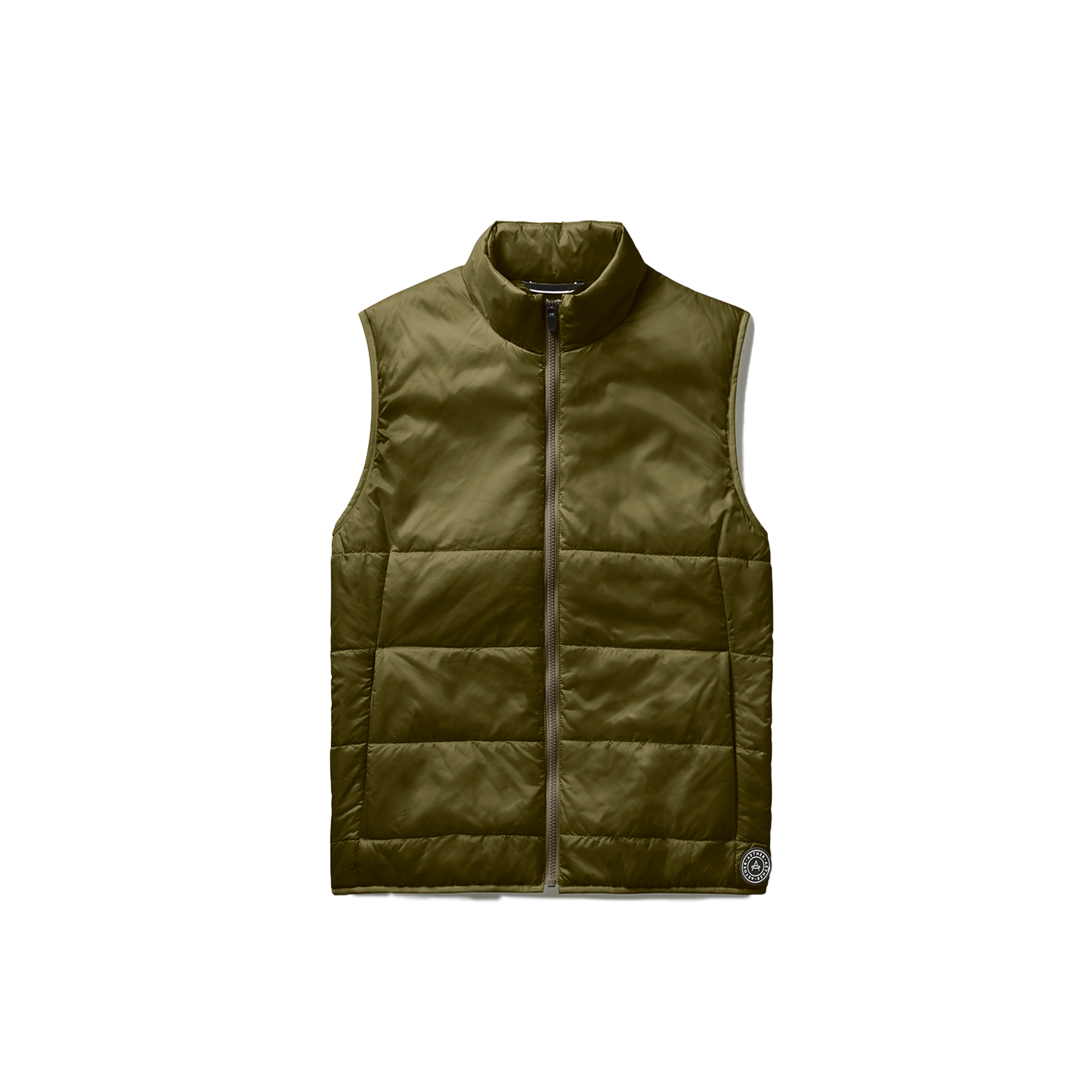 Introducing the Eco Insulated Vest by Aether, made from recycled polyester. This olive green quilted vest boasts a zipper closure and a round neck, effortlessly combining style with eco-friendly materials.