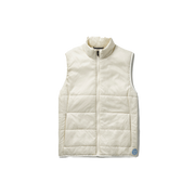 Introducing the Aether Eco Insulated Vest, a stylish cream-colored quilted vest designed with a high collar and zipper front, crafted from sustainable materials. It features a small round logo patch on the lower left side, merging fashion with eco-friendly values.