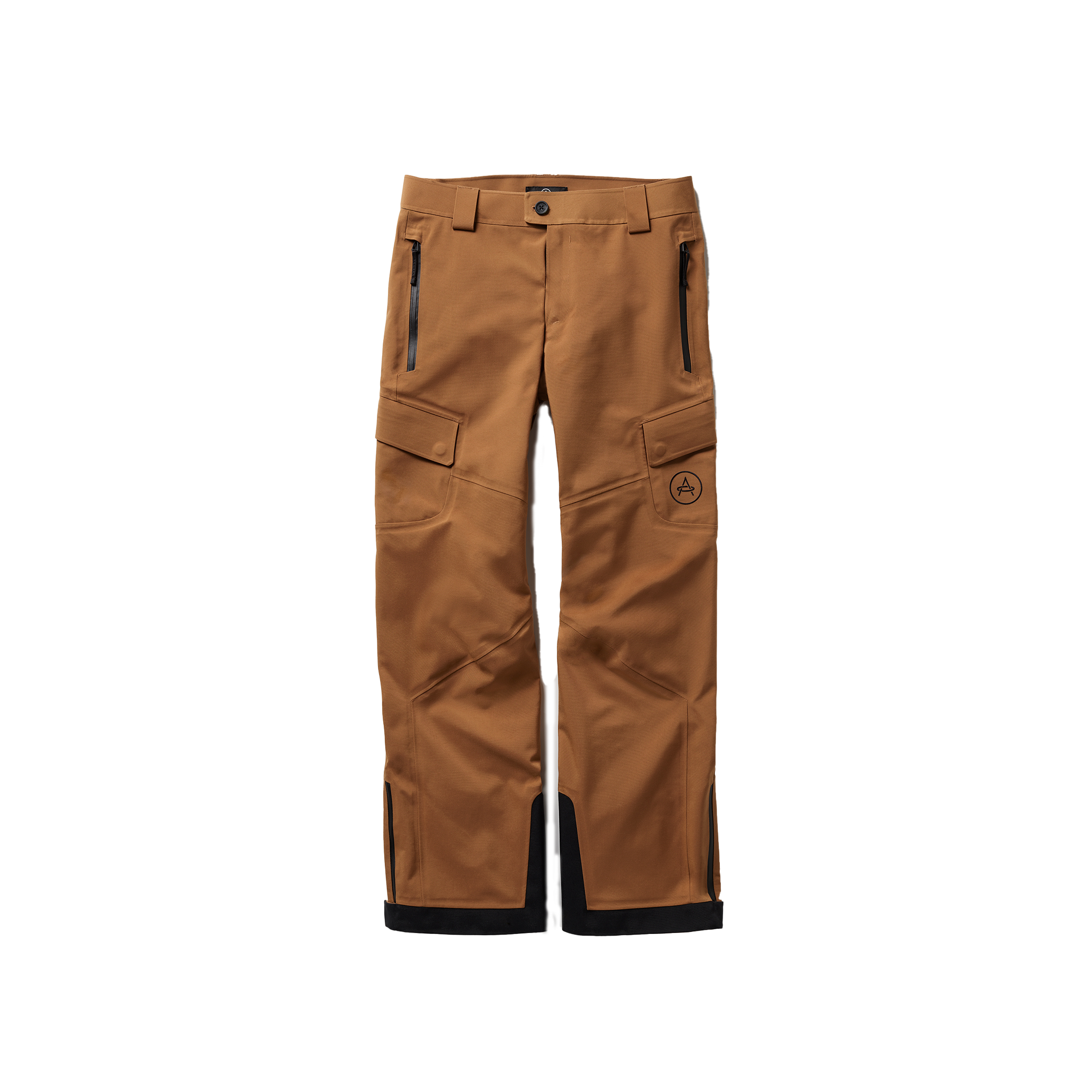 Aether's Explorer Snow Pant, made from Japanese field nylon in brown, showcases multiple pockets and a logo on the knee, displayed against a plain background.