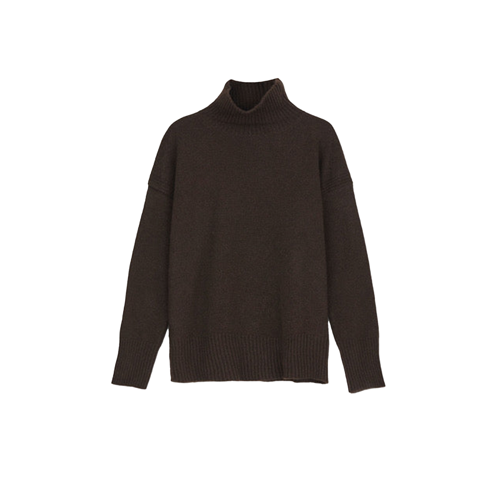 The Freya High Neck Sweater by Aiayu features a luxurious dark brown color, crafted from pure yak wool and designed with long sleeves, displayed against a plain white background.