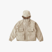 Gramicci Primeflex Tech Hoodie in Camel features a beige zip front, four front flap pockets, elastic cuffs, and high stretchability for outdoor comfort, shown on a white background.