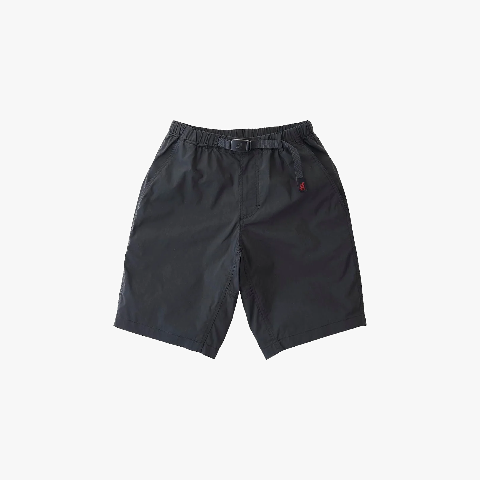 The Gramicci Density Stretch ST-Short is a black, knee-length short featuring a flexible waistband, integrated belt, and side pockets—perfect for outdoor activities. Shown on a white background.