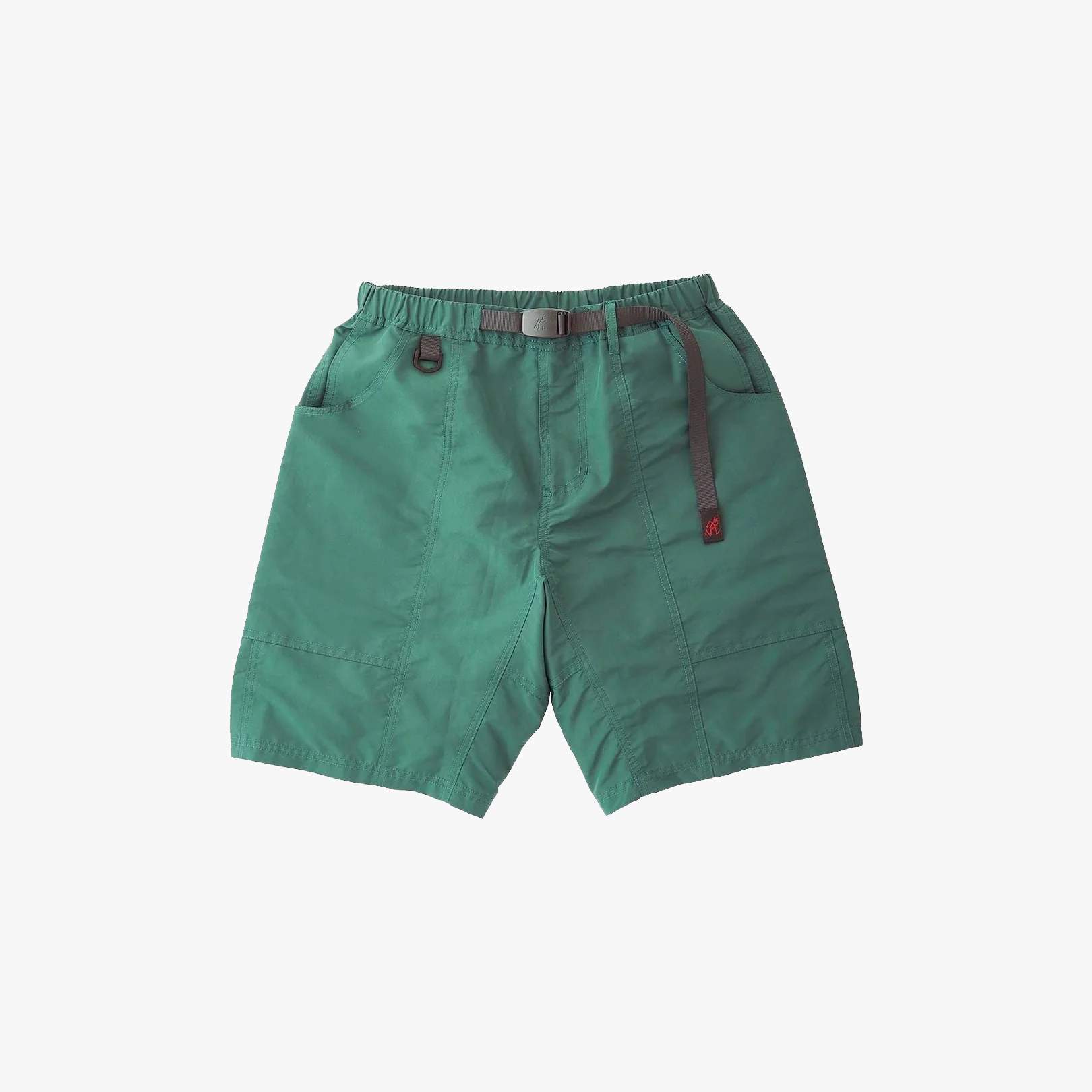 The Gramicci Shell Gear Short in Forest Green features front pockets, an adjustable webbing belt, and a relaxed fit, shown on a plain white background.