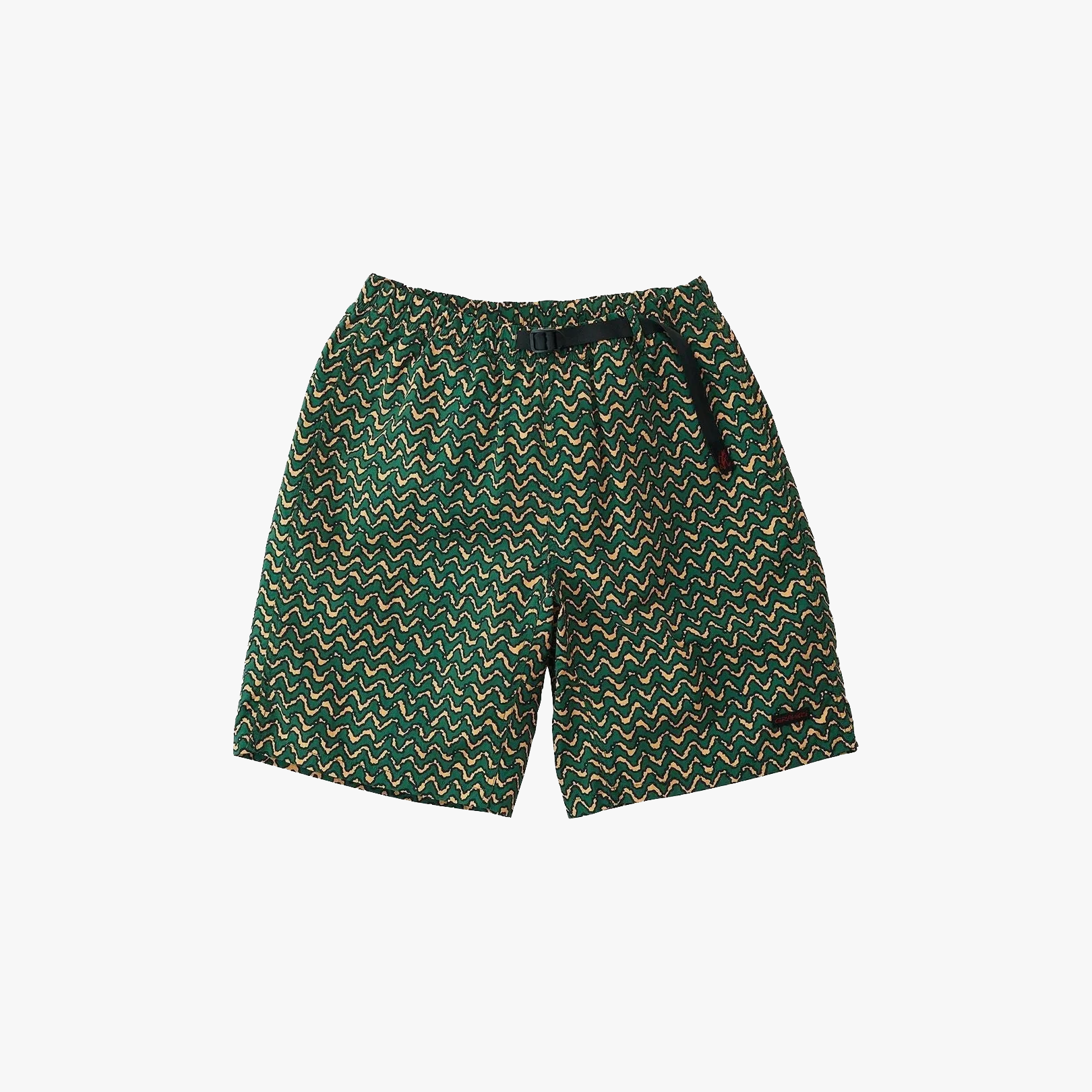 Gramicci Nylon Packable G-Short in Zig Zag Orange—outdoor shorts with an elastic waistband and drawstring, featuring a repeating zigzag pattern on quick-dry fabric.