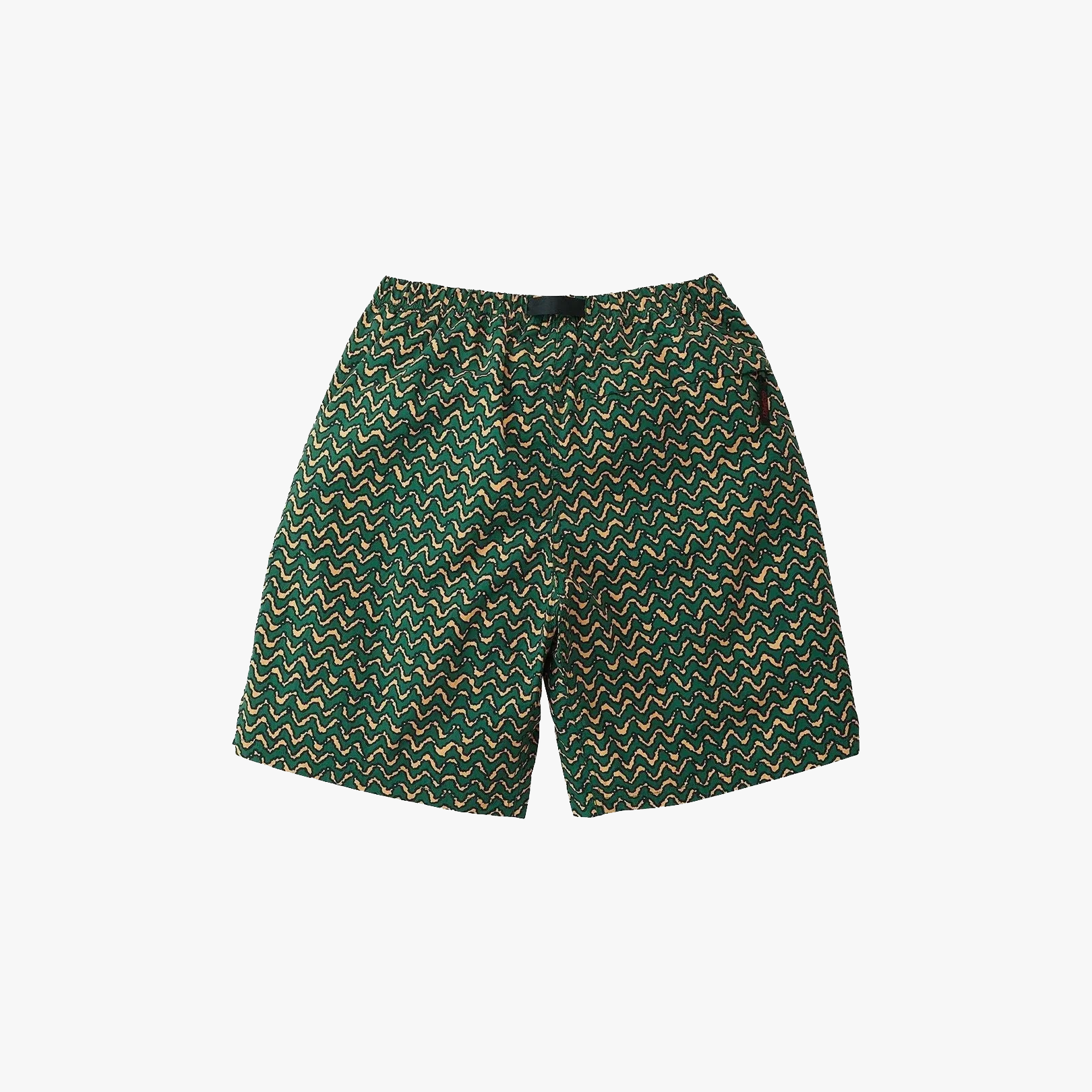 The Gramicci Nylon Packable G-Short in Zig Zag Orange features an elastic waistband and quick-dry nylon with a bold yellow and white zigzag pattern. Lightweight and packable, these shorts are ideal for adventures. Shown on a plain white background.