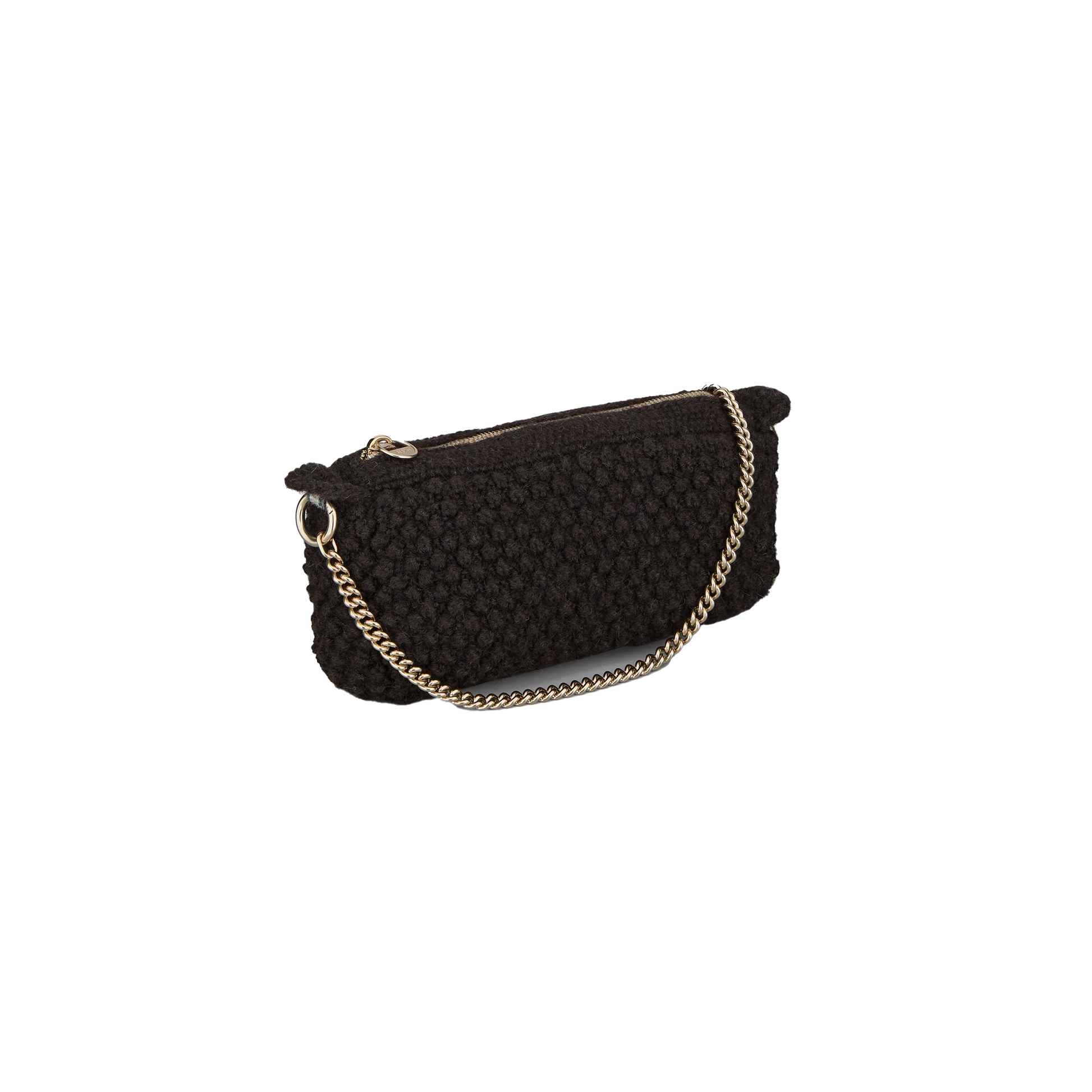 The Aiayu Helen Chain Purse features a textured black bubble knit with a gold chain strap, showcasing a woven pattern and a zipper closure.