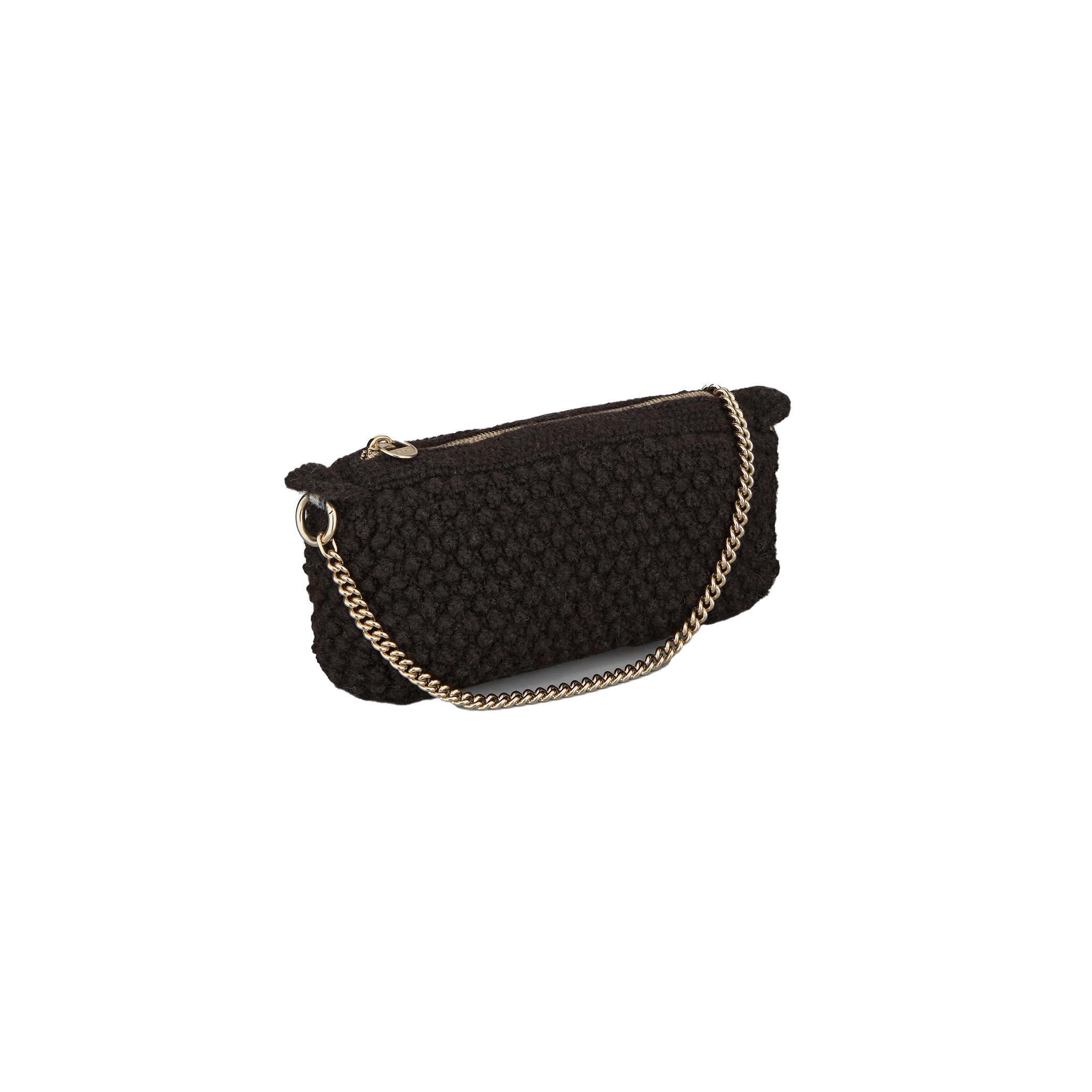 The Aiayu Helen Chain Purse features a textured black bubble knit with a gold chain strap, showcasing a woven pattern and a zipper closure.