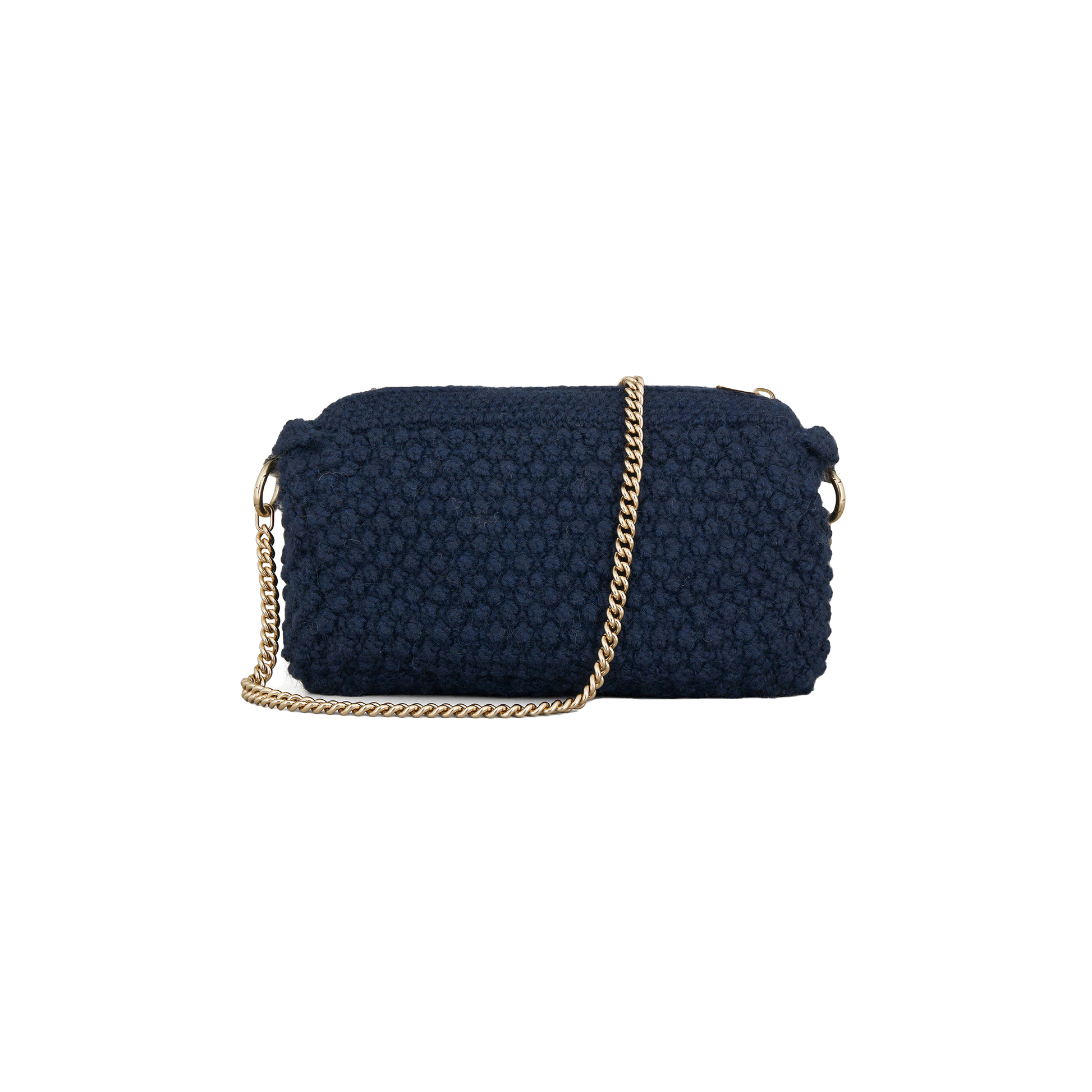 The Helen Chain Purse from Aiayu is a textured, dark blue handbag with a stunning gold chain strap and an elegant bubble knit design.
