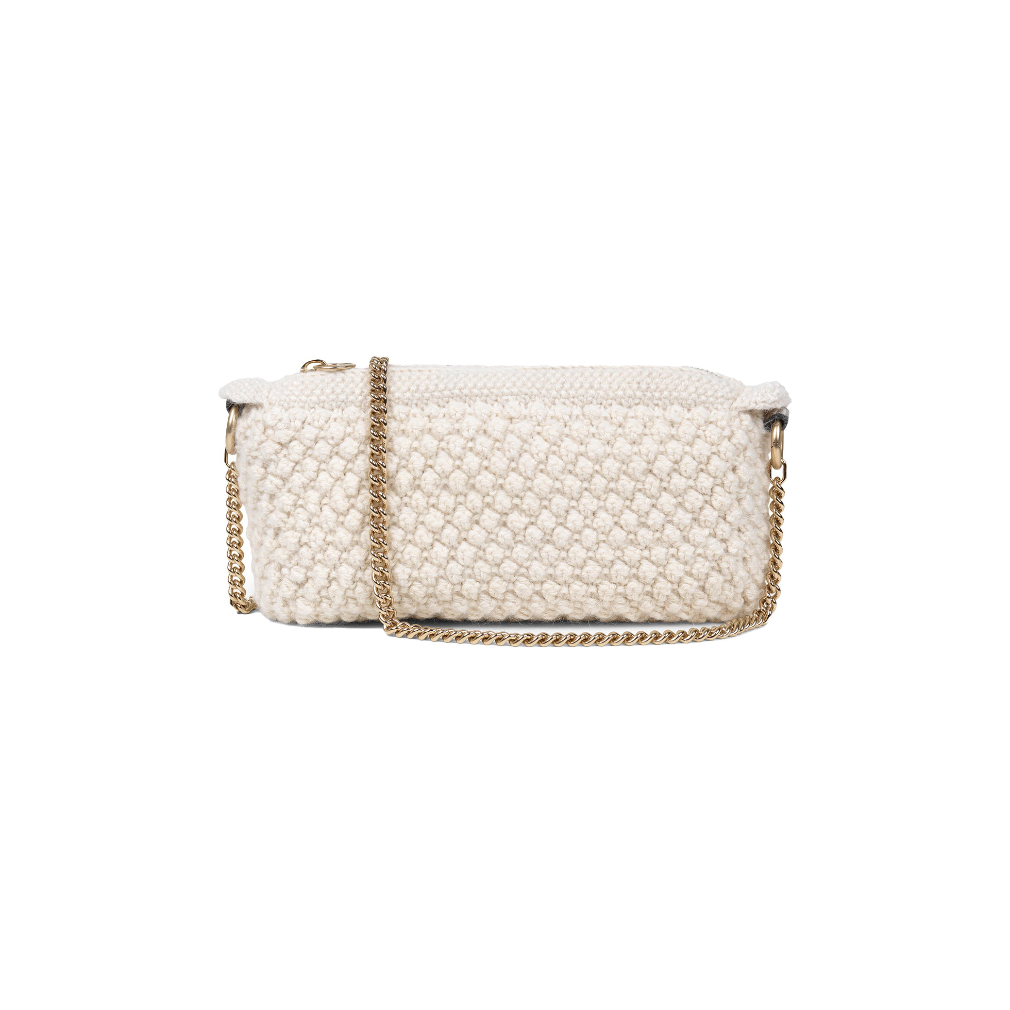 The Helen Chain Purse by Aiayu is a textured white handbag featuring a bubble knit design and a gold chain strap, elegantly displayed on a plain black background.