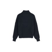 The image shows the back view of the Hera High Neck Sweater, a dark blue, ribbed turtleneck made from Sartuul wool by Aiayu, displayed on a white background to highlight its elegant details.