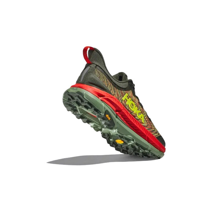 The Hoka M Mafate Speed 4 in Deep Teal/Thyme Fiesta is shown at an angle, highlighting its textured sole, responsive PROFLY midsole, and detailed tread and heel design.