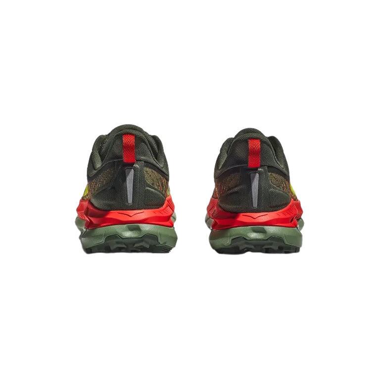 The Hoka M Mafate Speed 4 in Deep Teal/Thyme Fiesta is shown from the back, highlighting its dark green jacquard mesh uppers, red heels, green outsoles, and PROFLY midsole against a white background.