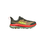 The Hoka M Mafate Speed 4 in Deep Teal/Thyme Fiesta features a multicolored jacquard mesh upper, yellow logo, red PROFLY midsole, and green outsole, displayed in side profile on a white background.