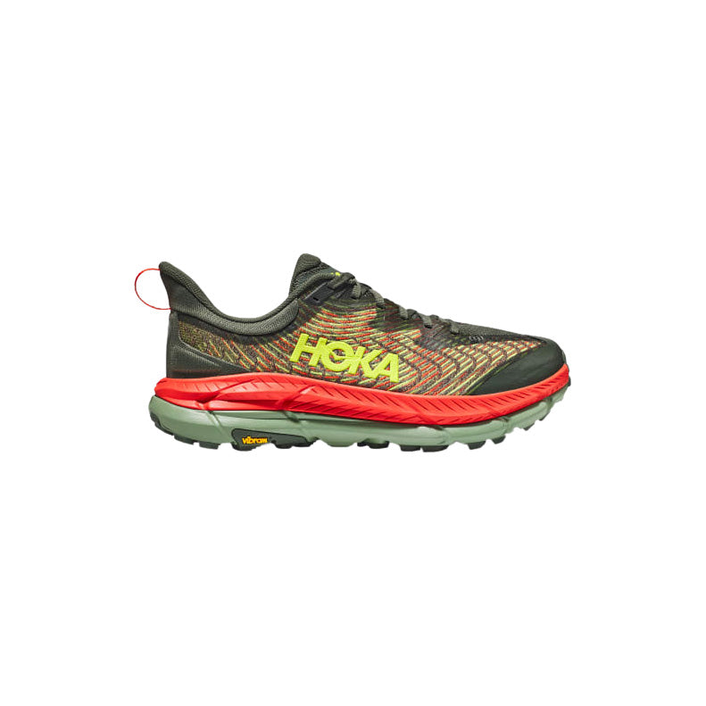 The Hoka M Mafate Speed 4 in Deep Teal/Thyme Fiesta features a multicolored jacquard mesh upper, yellow logo, red PROFLY midsole, and green outsole, displayed in side profile on a white background.