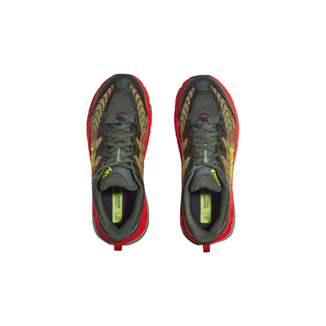Top view of Hoka M Mafate Speed 4 trail running shoes in Deep Teal/Thyme Fiesta, featuring red, yellow, and gray accents, laces, branded tongue and insole, and a cushioned PROFLY midsole.
