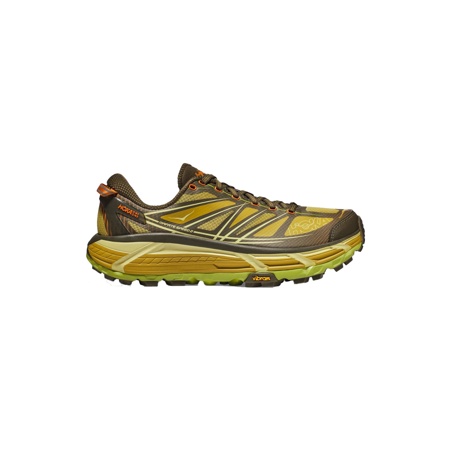 The Hoka U Mafate Speed 2, in Dark Olive/Golden Lichen, is a trail running shoe with intricate patterns and a thick sole. It features the "Hoka" logo and Vibram Mega-Grip technology for maximum traction on rugged terrains, perfect for trail adventures.