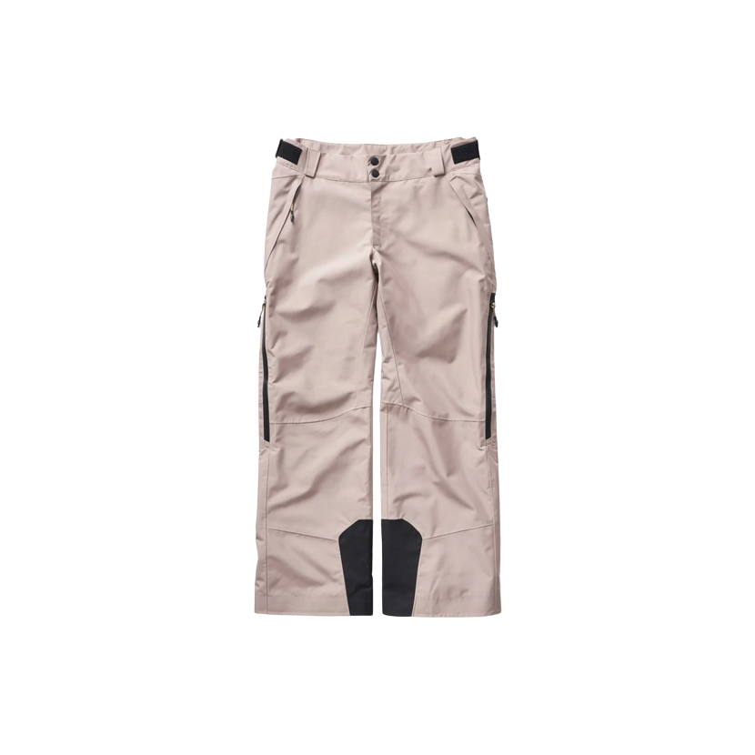 The Holden 2 Layer Sierra Pant in Desert Taupe features black reinforced knee patches, YKK® AquaGuard® zipper pockets, and waterproof fabric, shown flat on a white background.